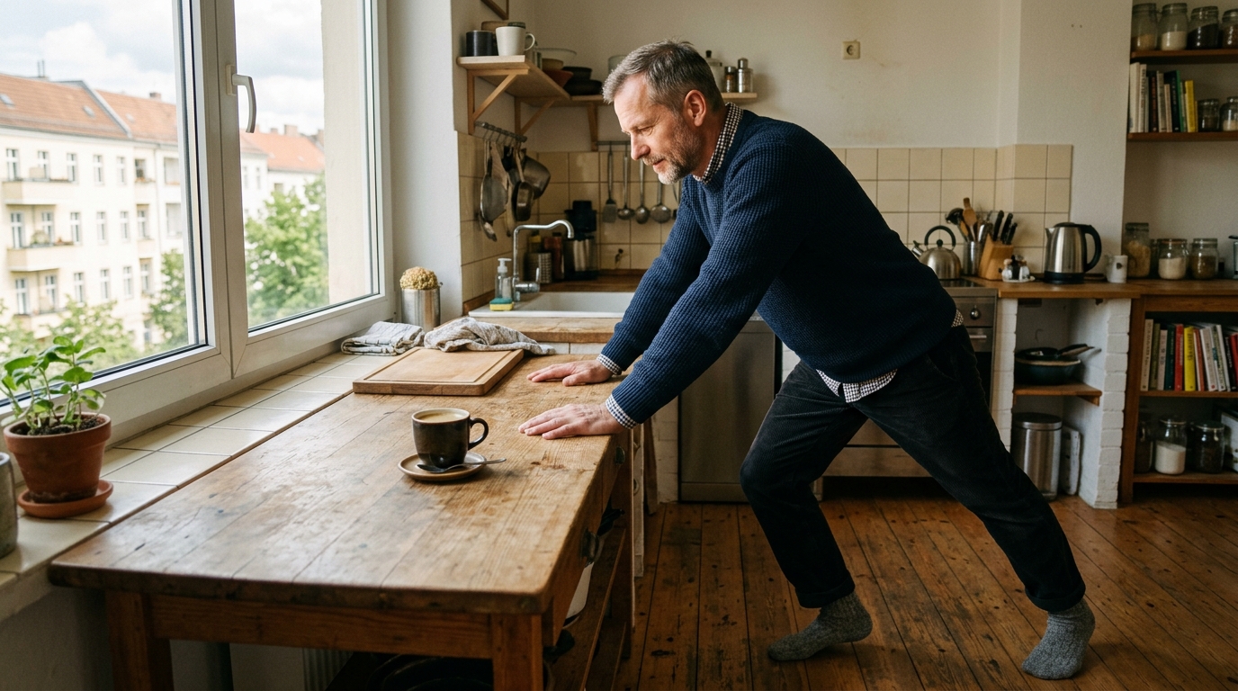 Mann führt eine Wadendehnung am Küchentresen in einer Berliner Altbauwohnung aus