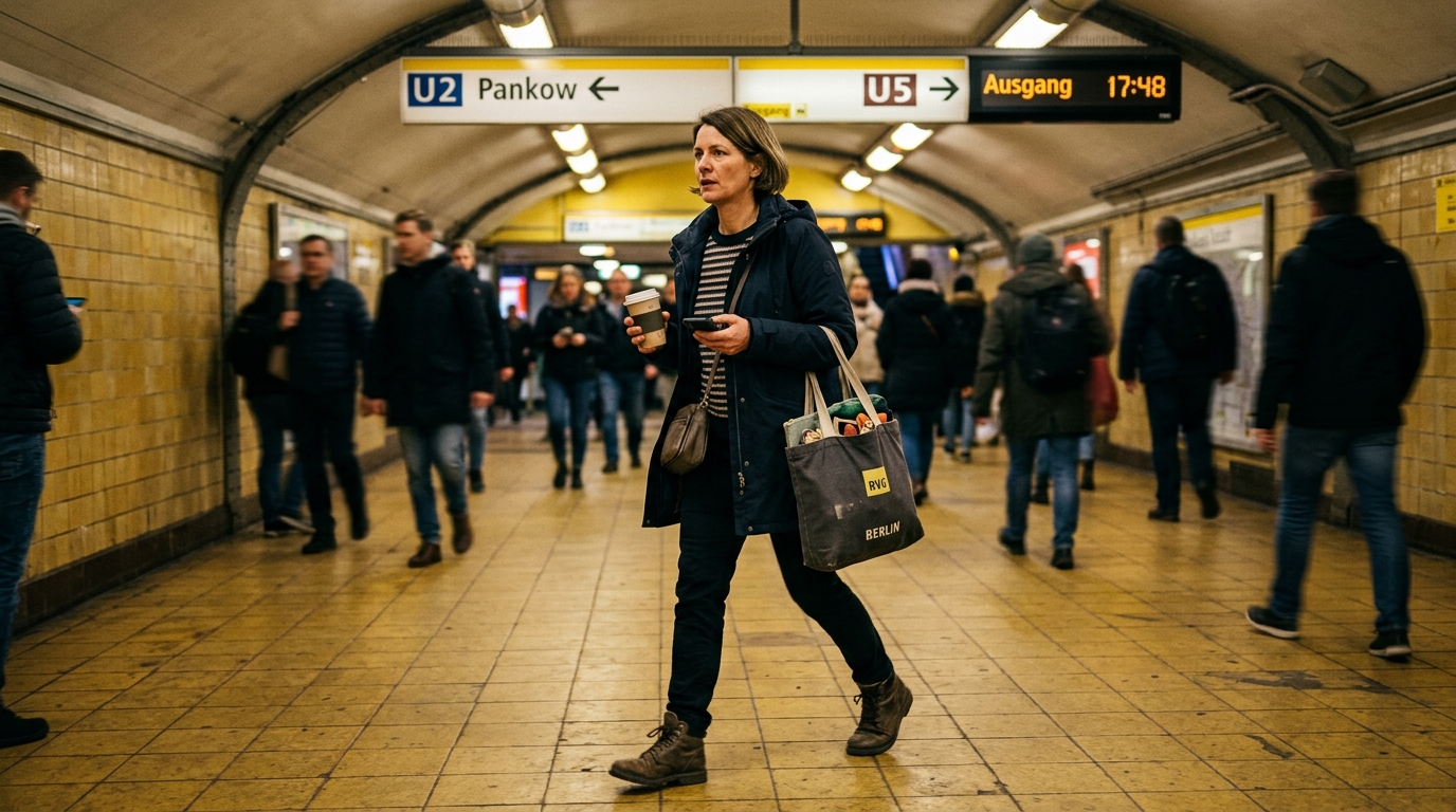 Frau in den Vierzigern geht zügig durch einen Berliner U-Bahnübergang